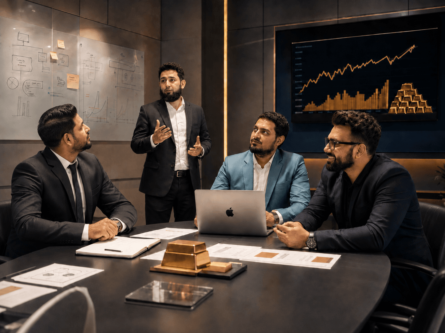 JustGold team discussing gold ownership and market growth around a table