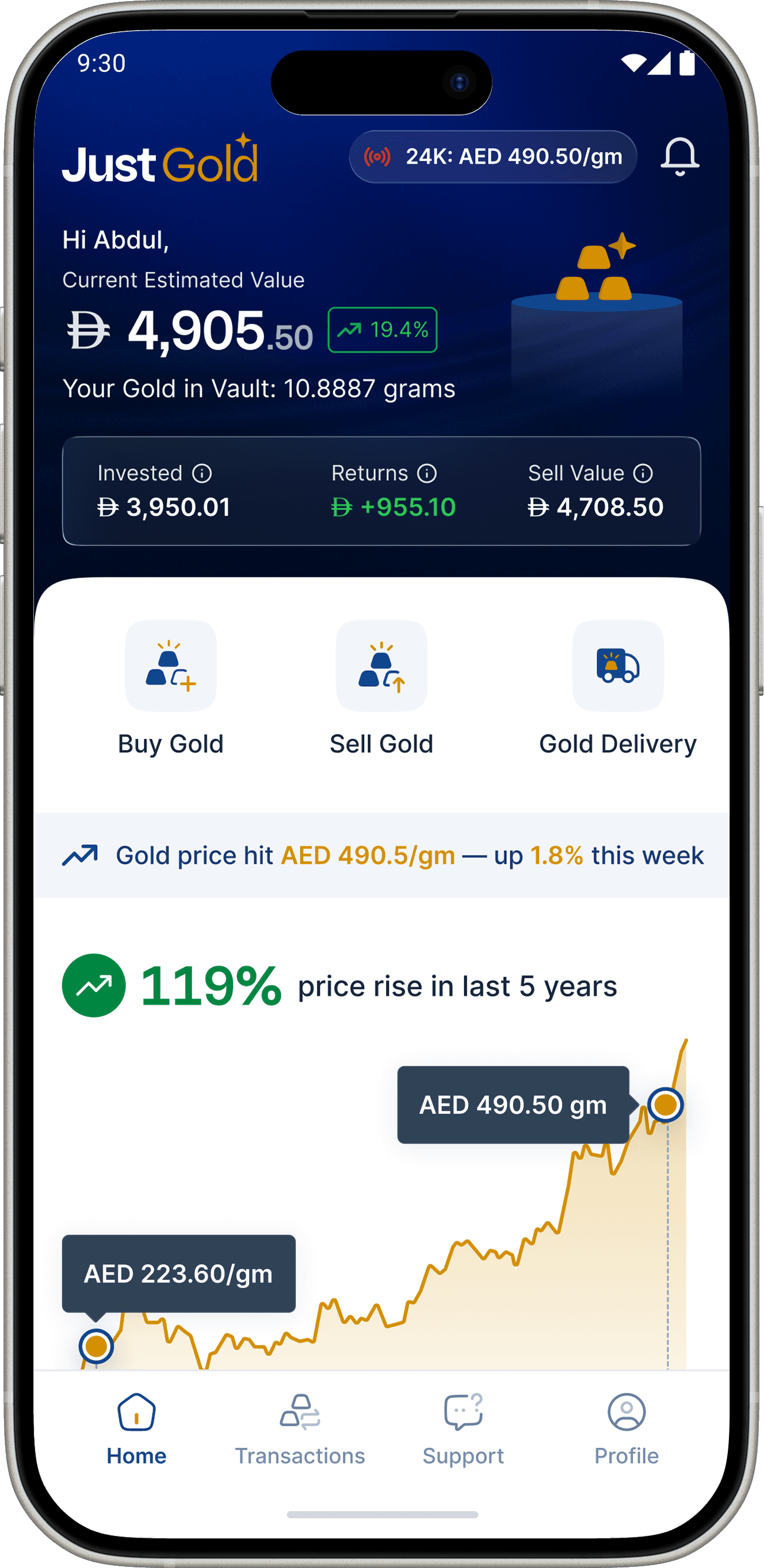 JustGold app home screen showing a gold balance, buy and sell actions, and a price chart