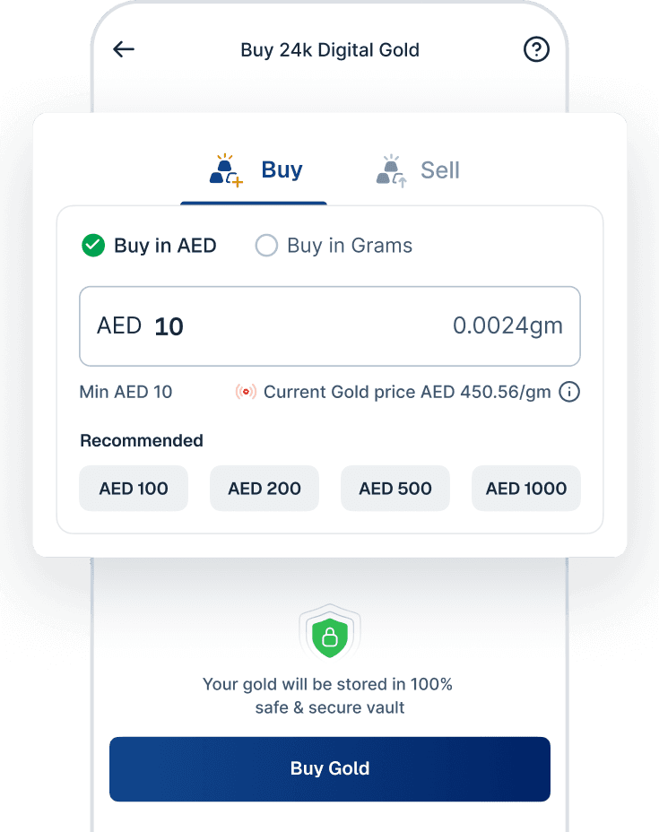 JustGold app screen to buy 24K digital gold, real metal backed