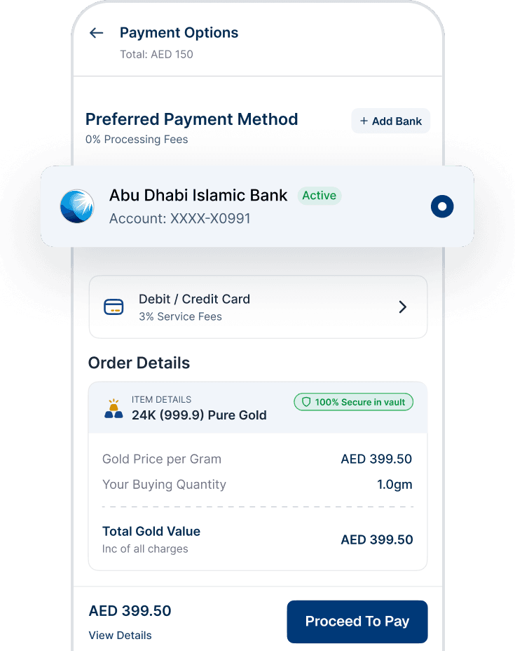 JustGold app payment screen with a linked bank and order breakdown