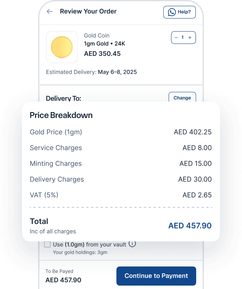 JustGold app order review with price breakdown and delivery estimate
