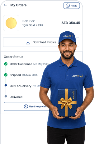 JustGold app order tracking with a courier holding a Just Gold box