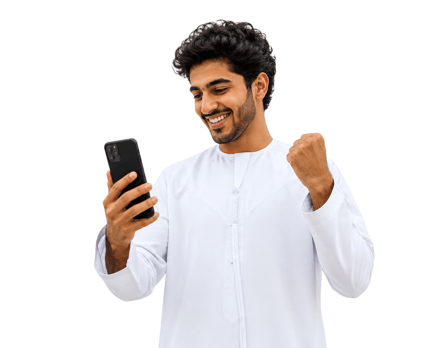 Person in white thobe smiling while using the JustGold app on their phone