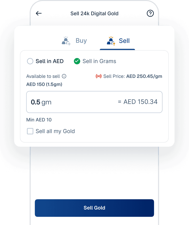 JustGold app screen to sell 24K digital gold in AED or grams