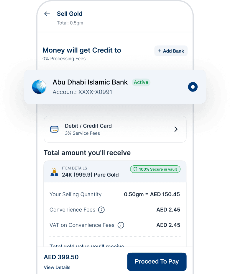 JustGold app screen to select a linked UAE bank account for payout