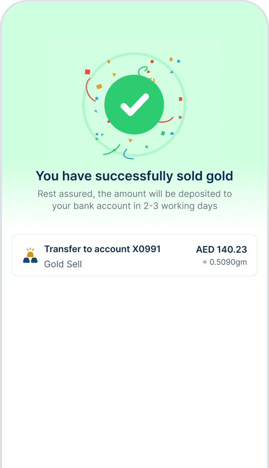 Confirmation screen that the gold has been sold and payout scheduled