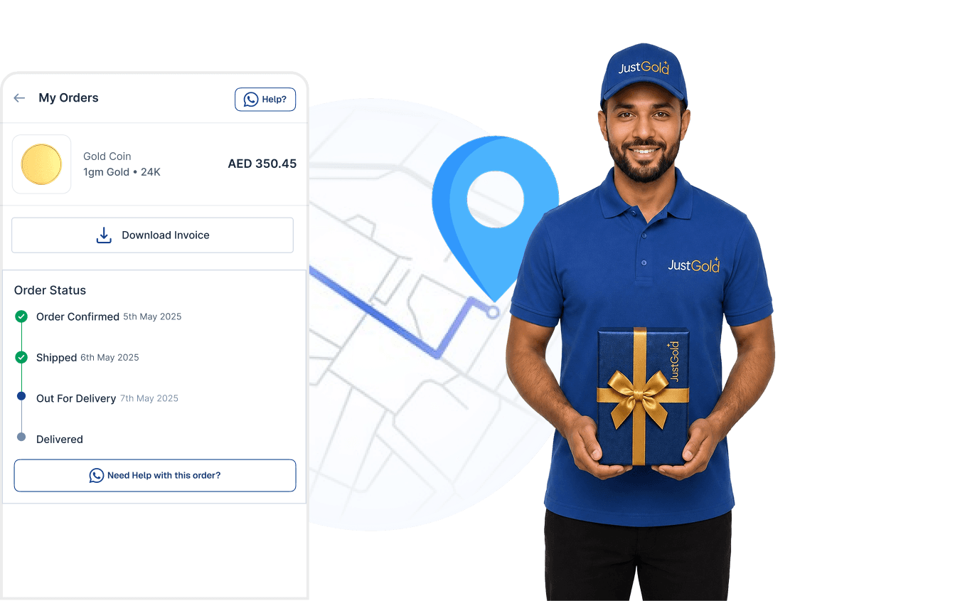 JustGold courier delivering a tracked gold order to a customer